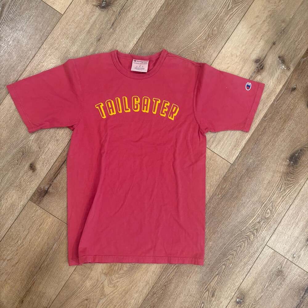 Vintage Champion Logo Tailgater T Shirt Red Yellow Graphic Y2K Unisex Small